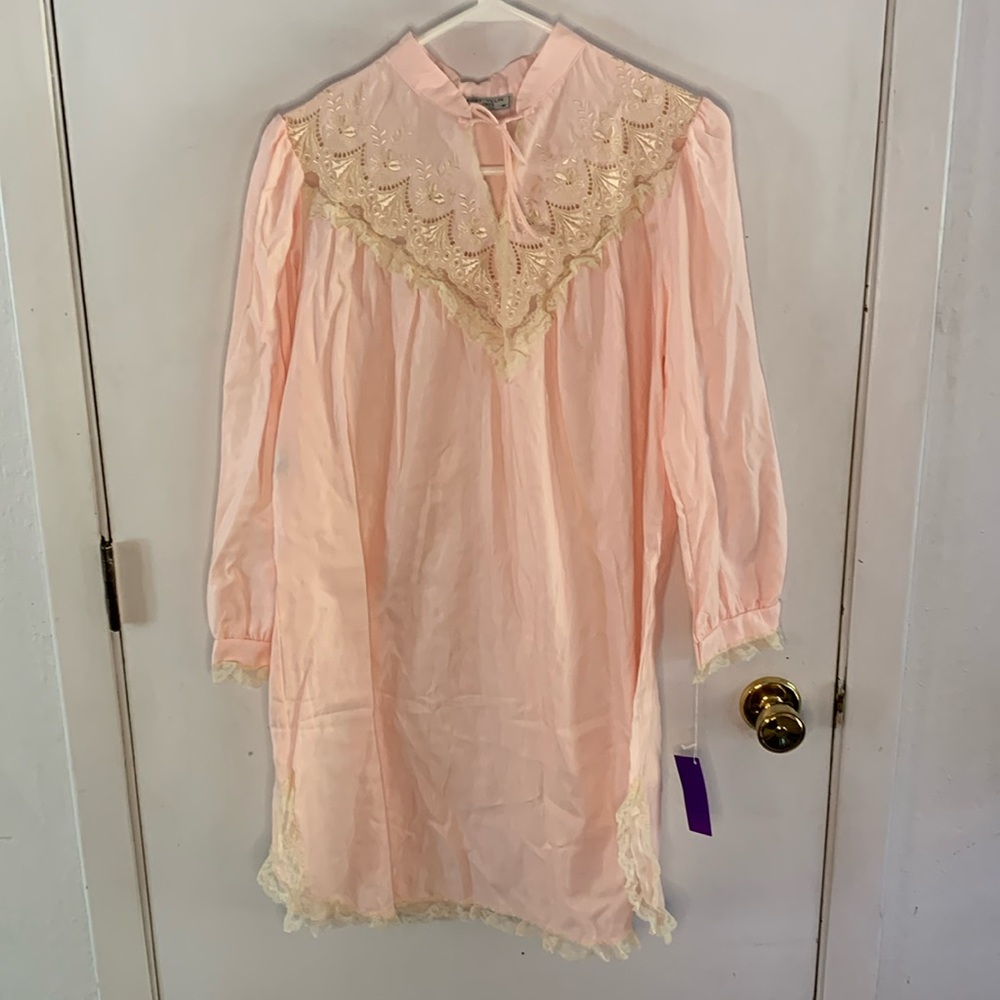 Vintage Bert Yelin for Iris pink satin nightgown with ivory lace trim Size M